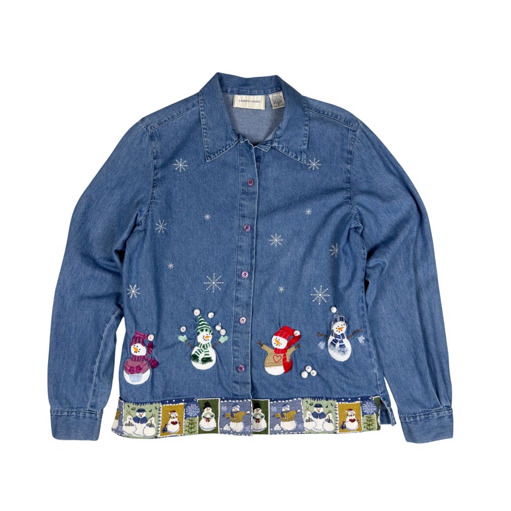 Cottagecore Denim Christmas‎ Snowman Embroidered Shirt Women's S Blue Winter 90s